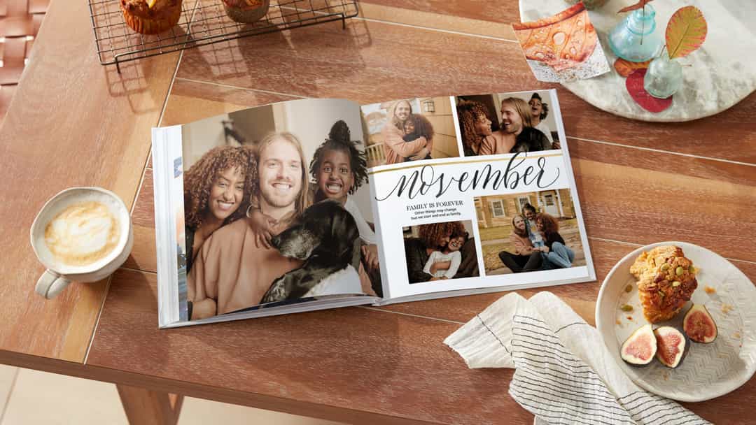 Family photo book on a coffee table