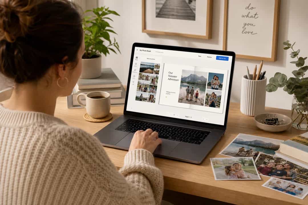 Illustration of creating a photo book online at home