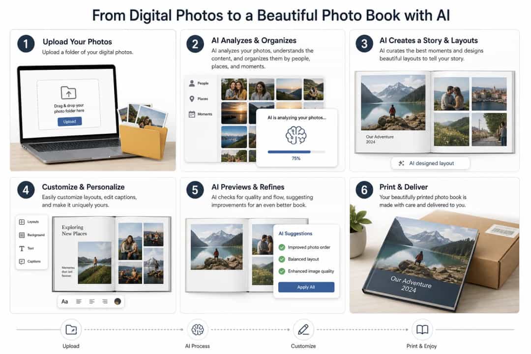 Infographic showing AI turning photos into a printed photo book