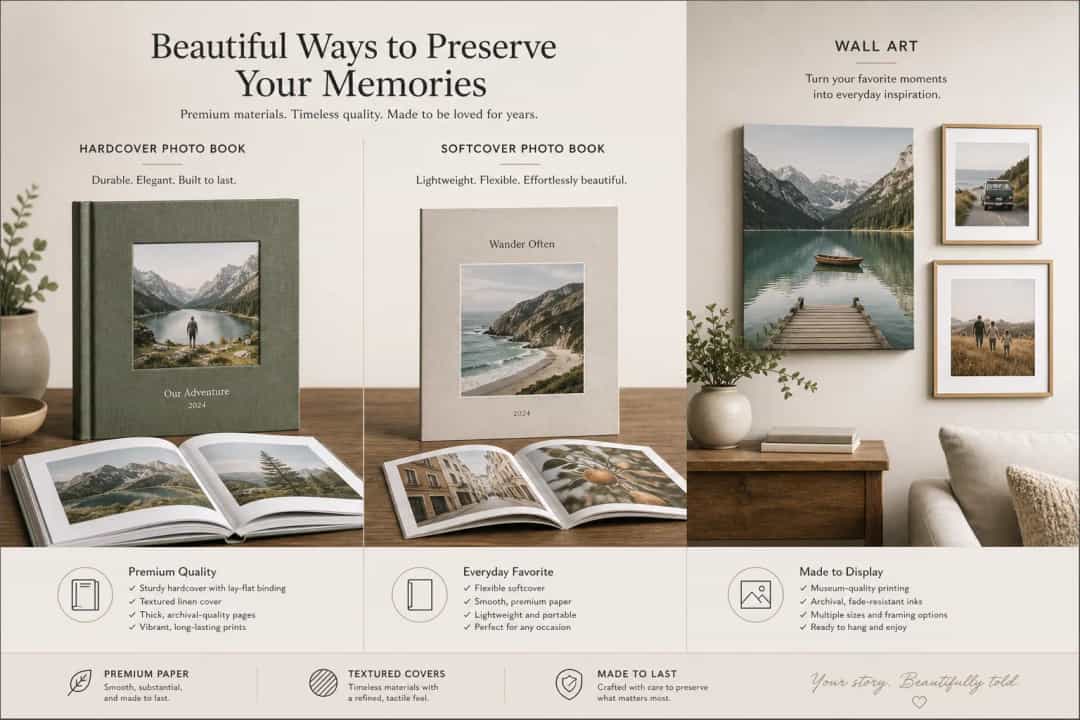 Illustration comparing hardcover and softcover photo books