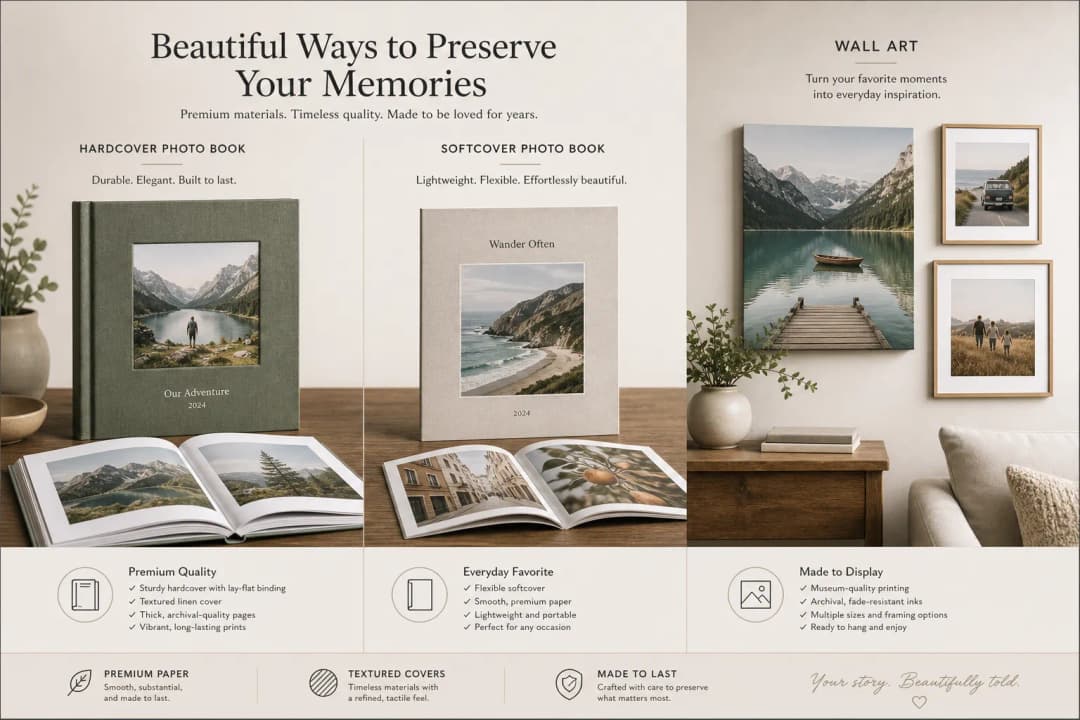 Illustration comparing hardcover and softcover photo books