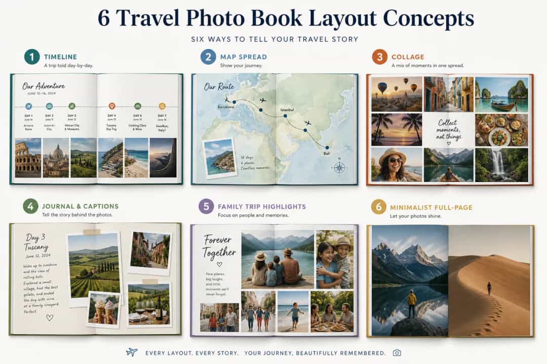 Infographic showing timeline, map, collage, journal, family highlights, and minimalist travel photo book layouts