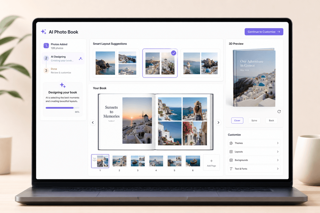 Illustration of AI designing a vacation photo book with smart layouts and 3D preview on a laptop