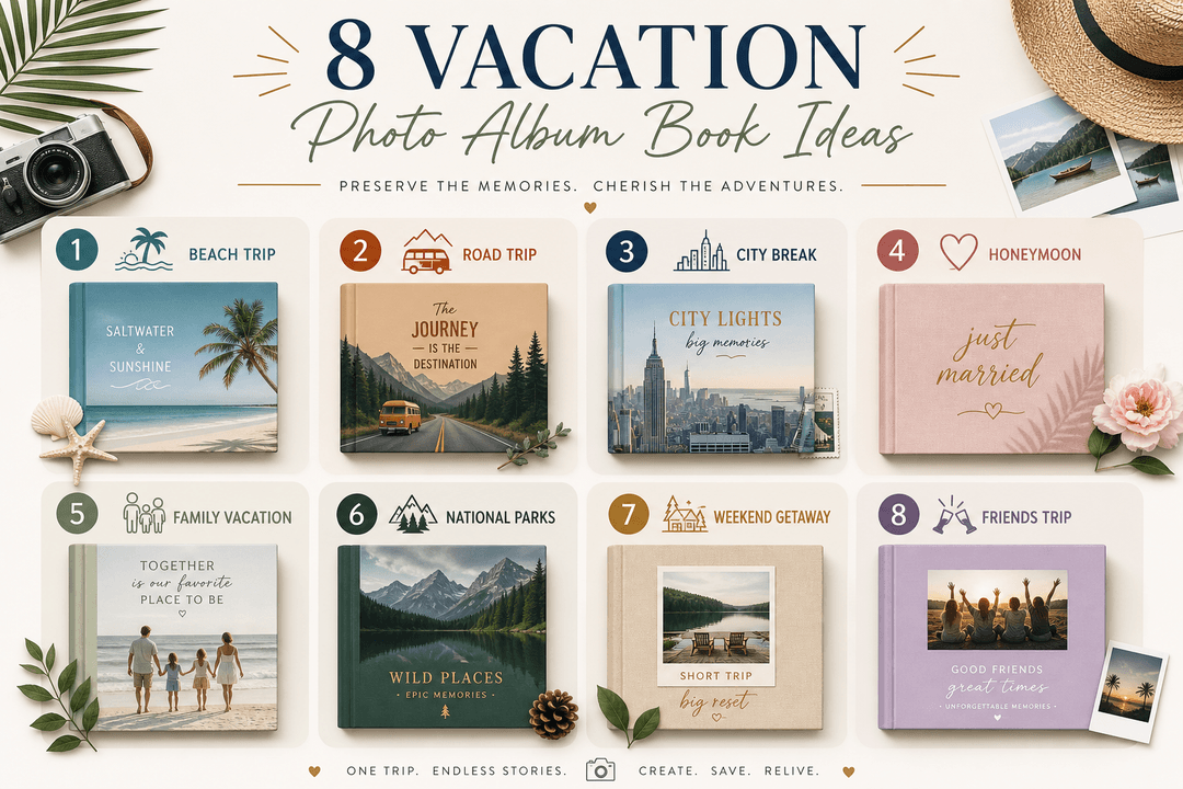 Infographic illustration showing multiple vacation photo album book ideas for different trip types