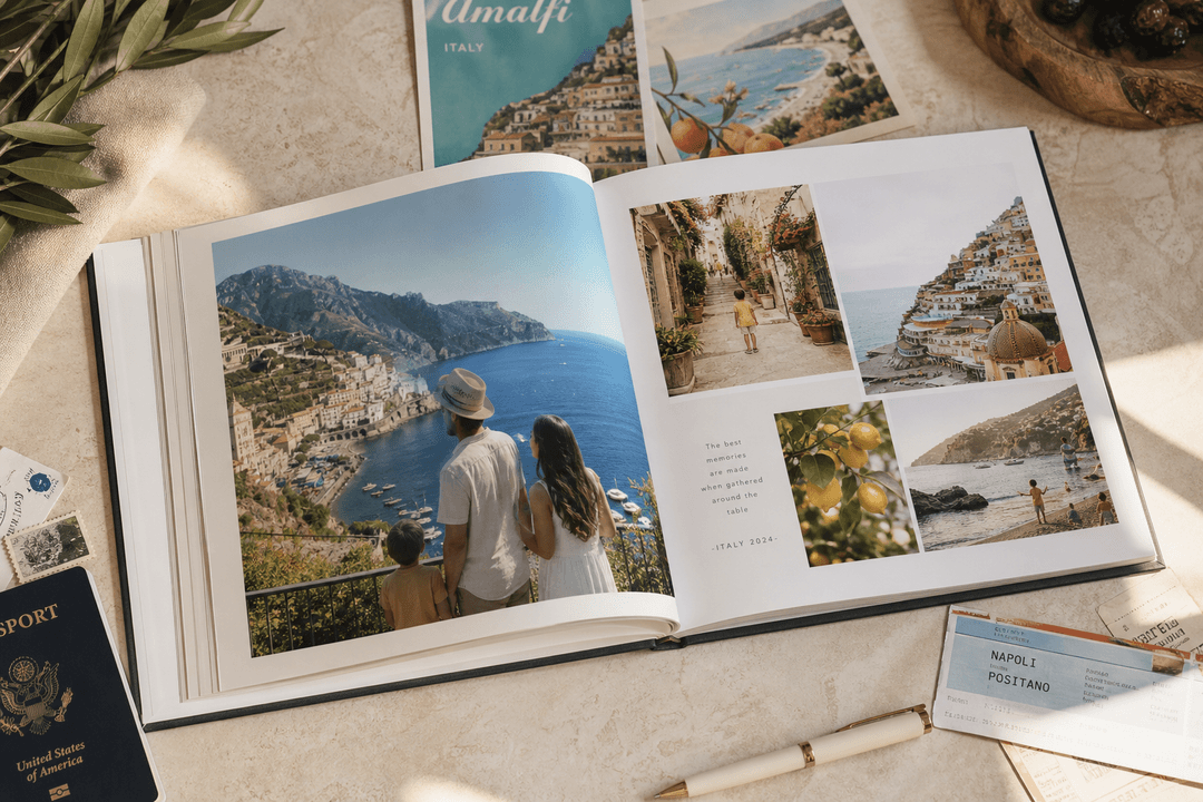 Editorial illustration of a premium vacation photo book with travel keepsakes on a table