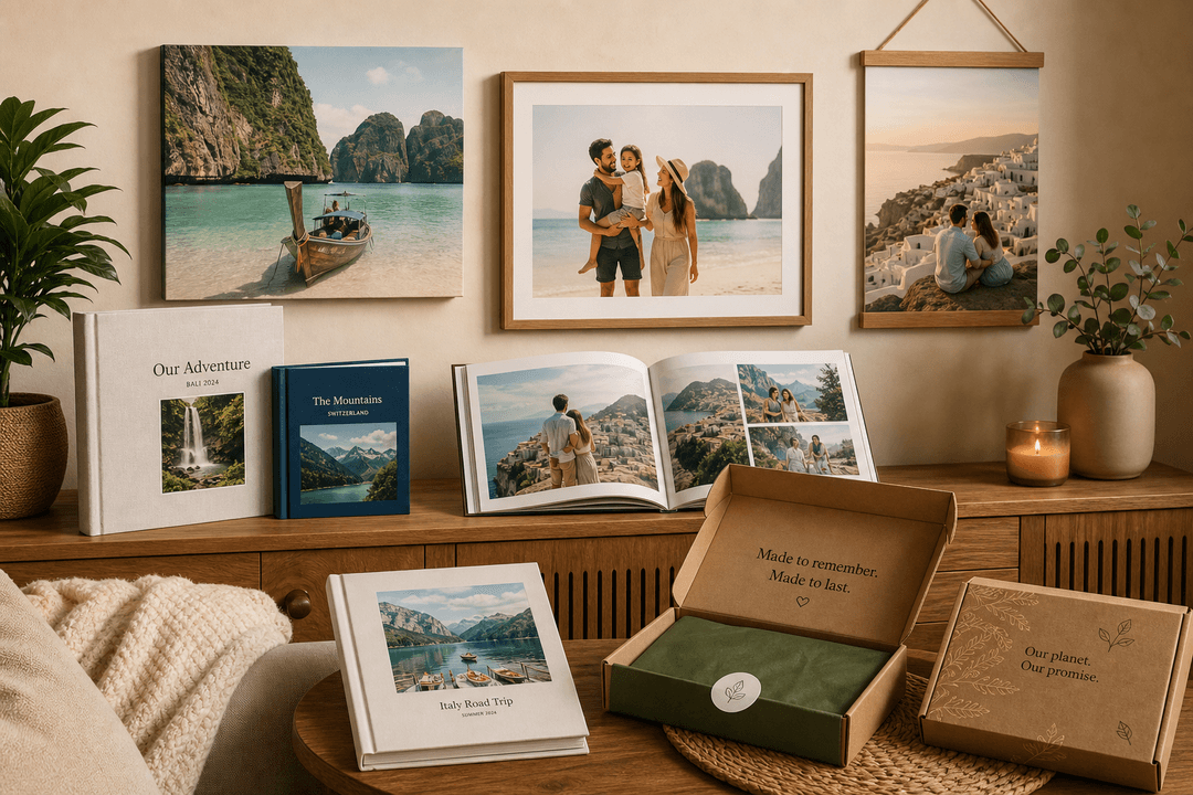 Lifestyle illustration of finished vacation photo books and wall art displayed at home with sustainable packaging