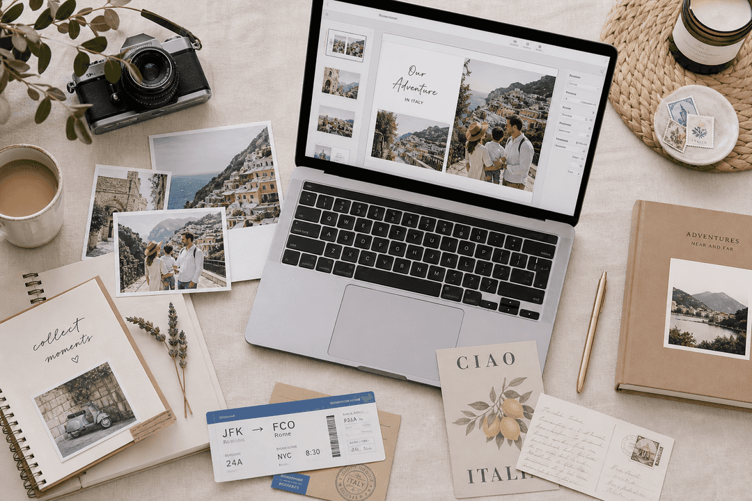 Flat lay of travel photos and photo book planning