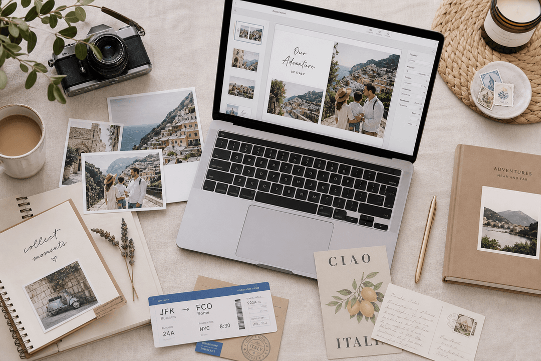 Flat lay of travel photos and photo book planning