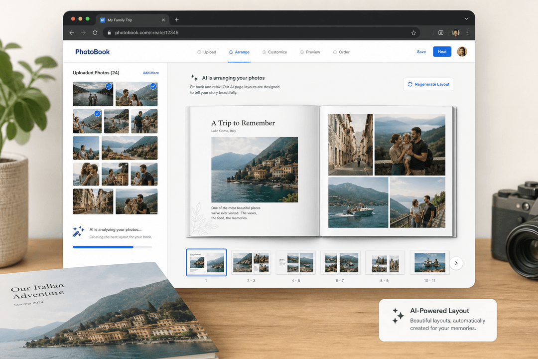AI-powered family vacation photo book creation interface concept