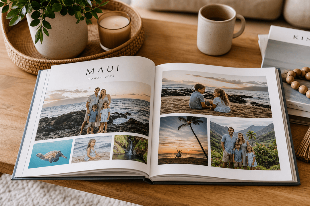 Family vacation photo album on a coffee table