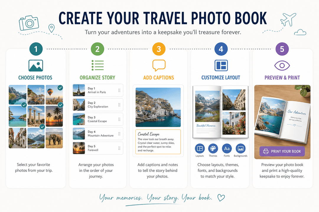 Illustration of step by step travel photo book creation process