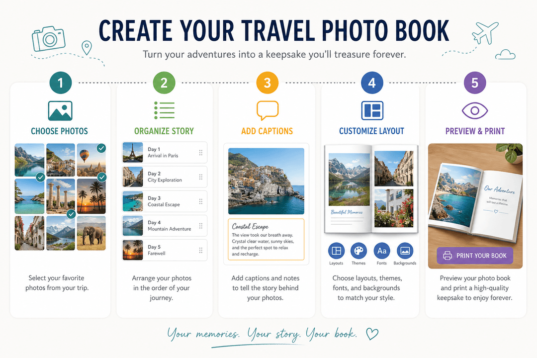 Illustration of step by step travel photo book creation process