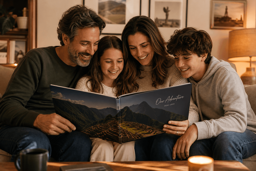 Family and couple enjoying a finished travel photo book together at home