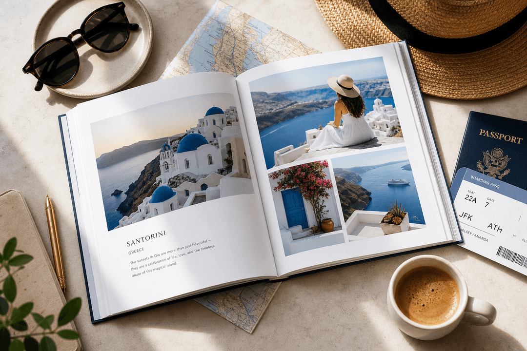 Open travel photo book with map and vacation keepsakes