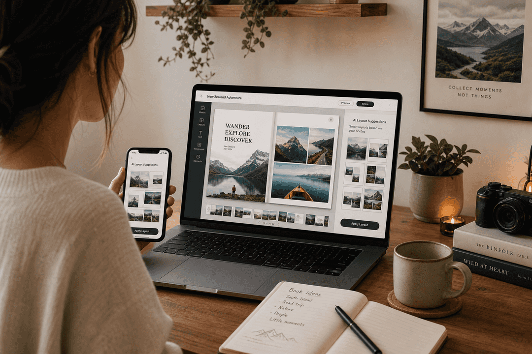 Person creating a travel photo book on laptop and phone