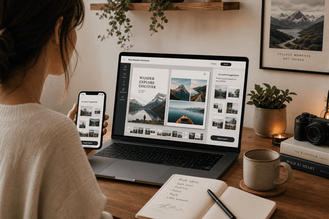 Person creating a travel photo book on laptop and phone