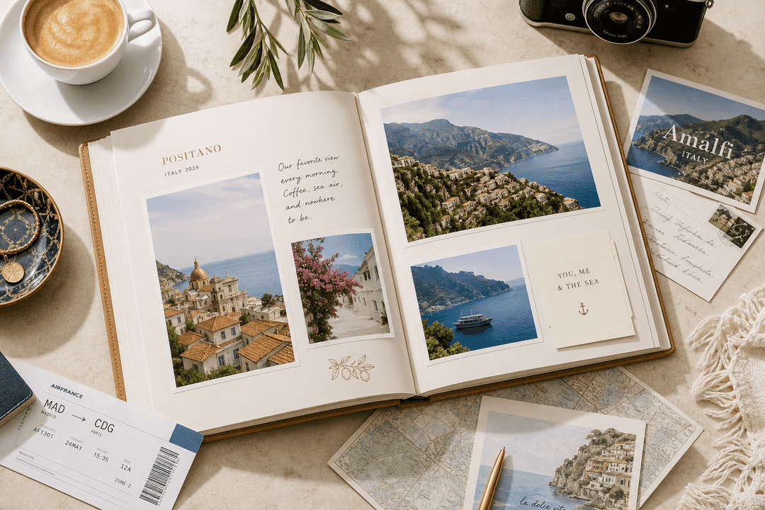 Premium travel photo album styled with vacation keepsakes