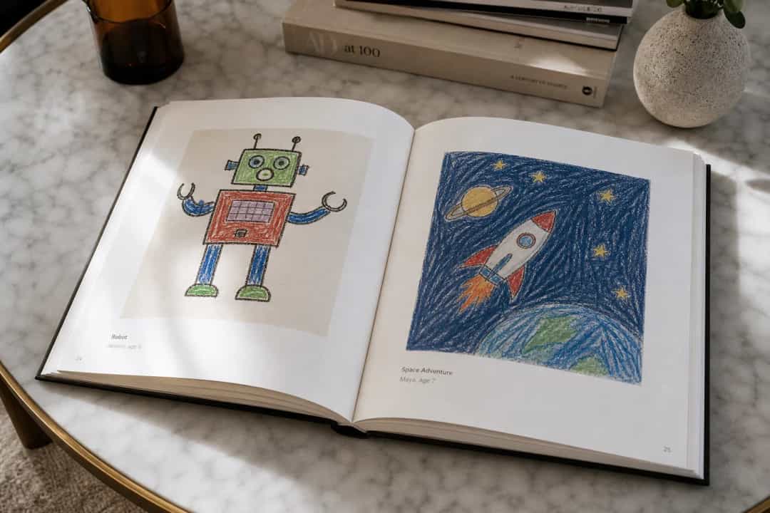 Open premium photo book displaying children's drawings one artwork per page