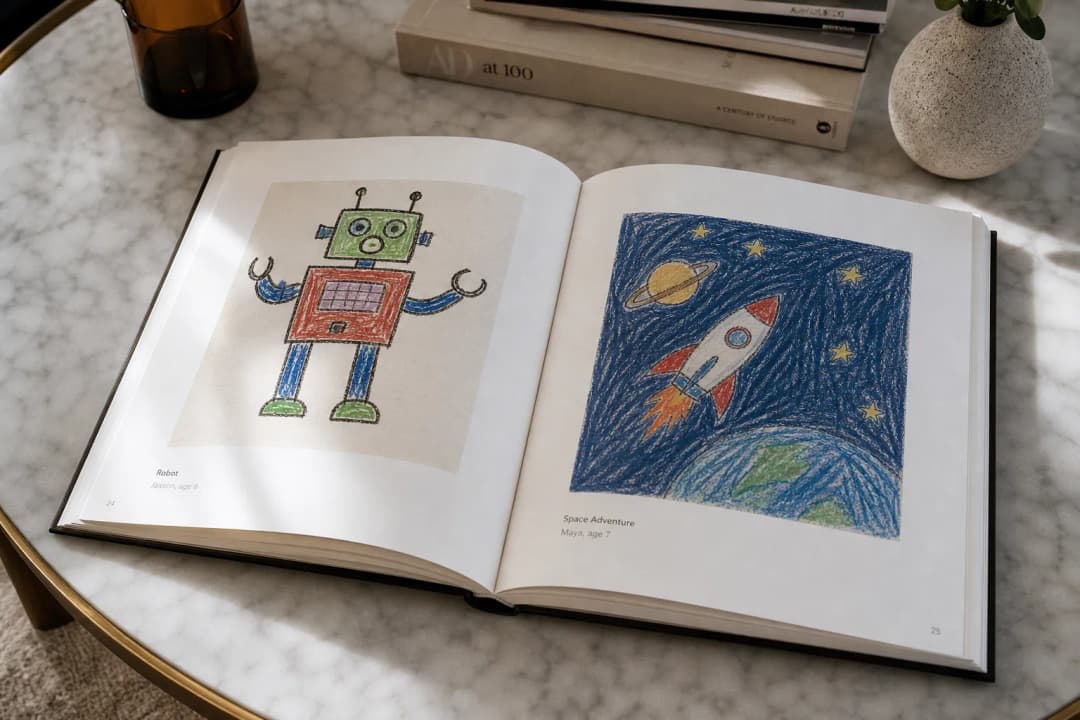 Open premium photo book displaying children's drawings one artwork per page