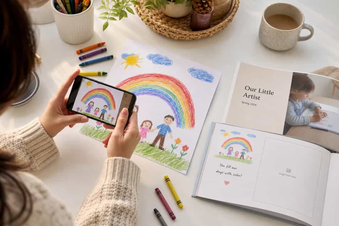 Parent photographing a child's colorful drawing with a smartphone on a bright table