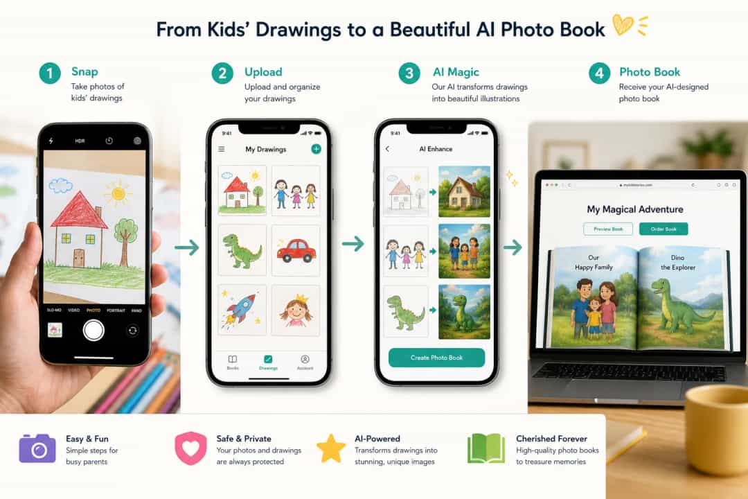 Step-by-step collage of smartphone snapshots turning into an AI-designed photo book on a laptop browser