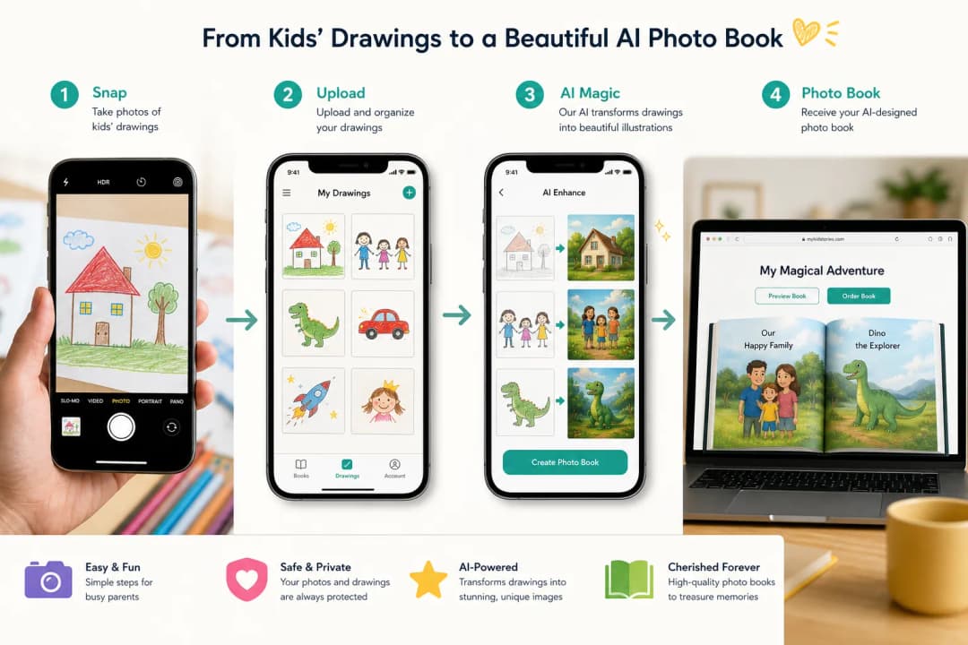 Step-by-step collage of smartphone snapshots turning into an AI-designed photo book on a laptop browser