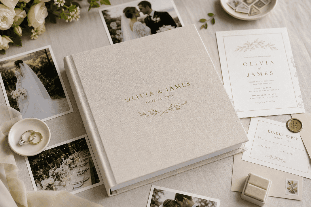 Elegant personalized wedding album book with wedding keepsakes and printed photos