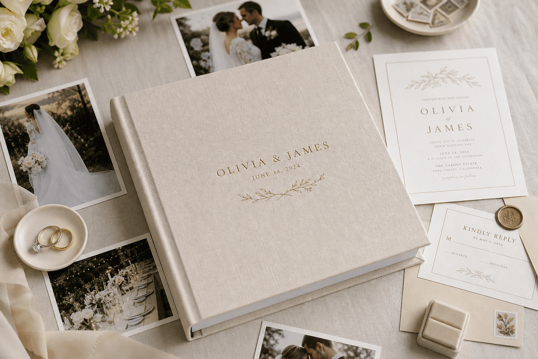 Elegant personalized wedding album book with wedding keepsakes and printed photos