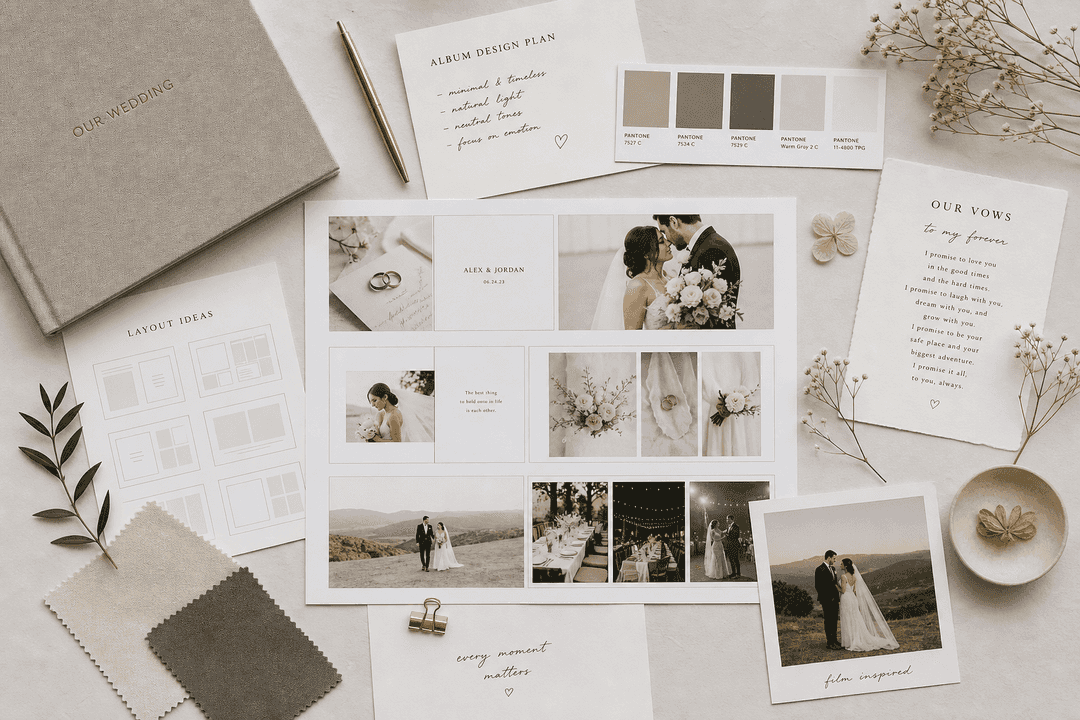 Wedding album planning flat lay with layouts, vows, and modern styling