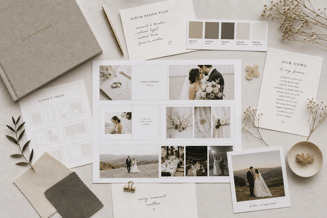 Wedding album planning flat lay with layouts, vows, and modern styling