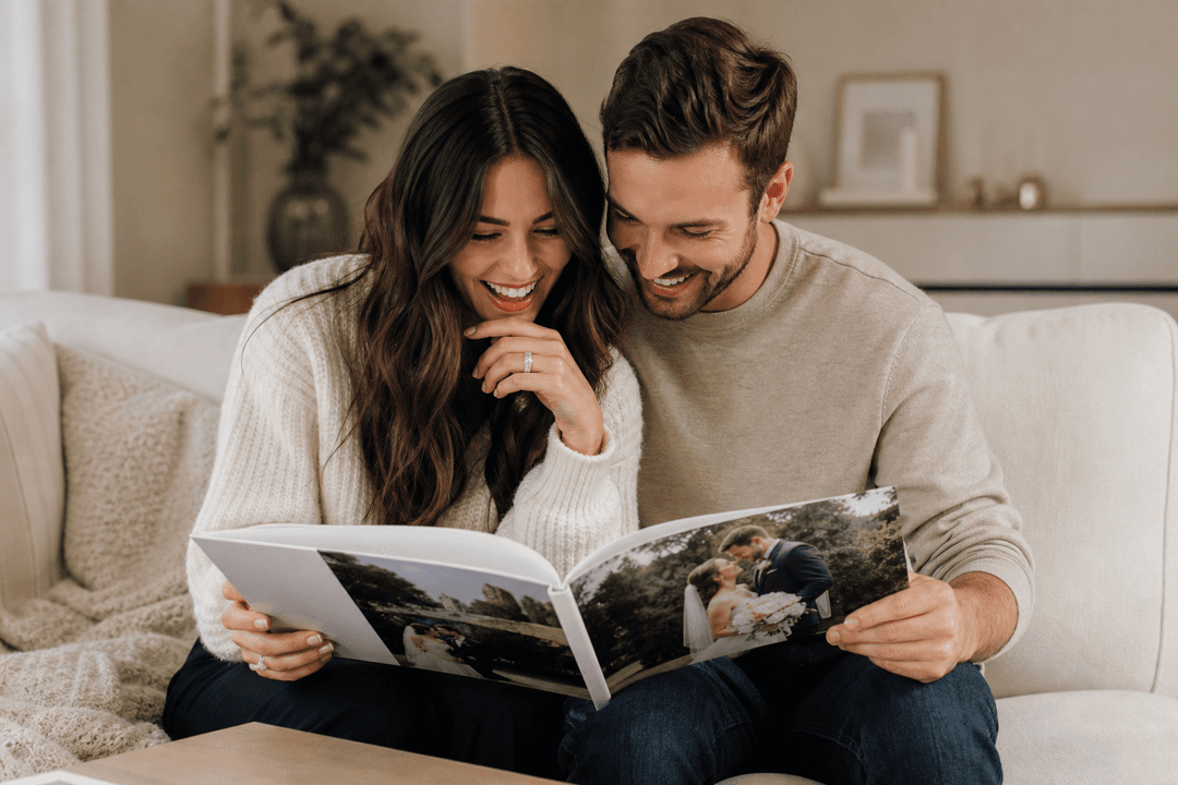 Couple reviewing a personalized wedding photo album together at home