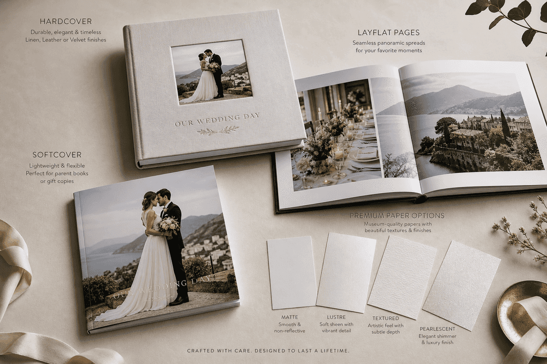 Premium wedding album materials including hardcover, softcover and layflat options