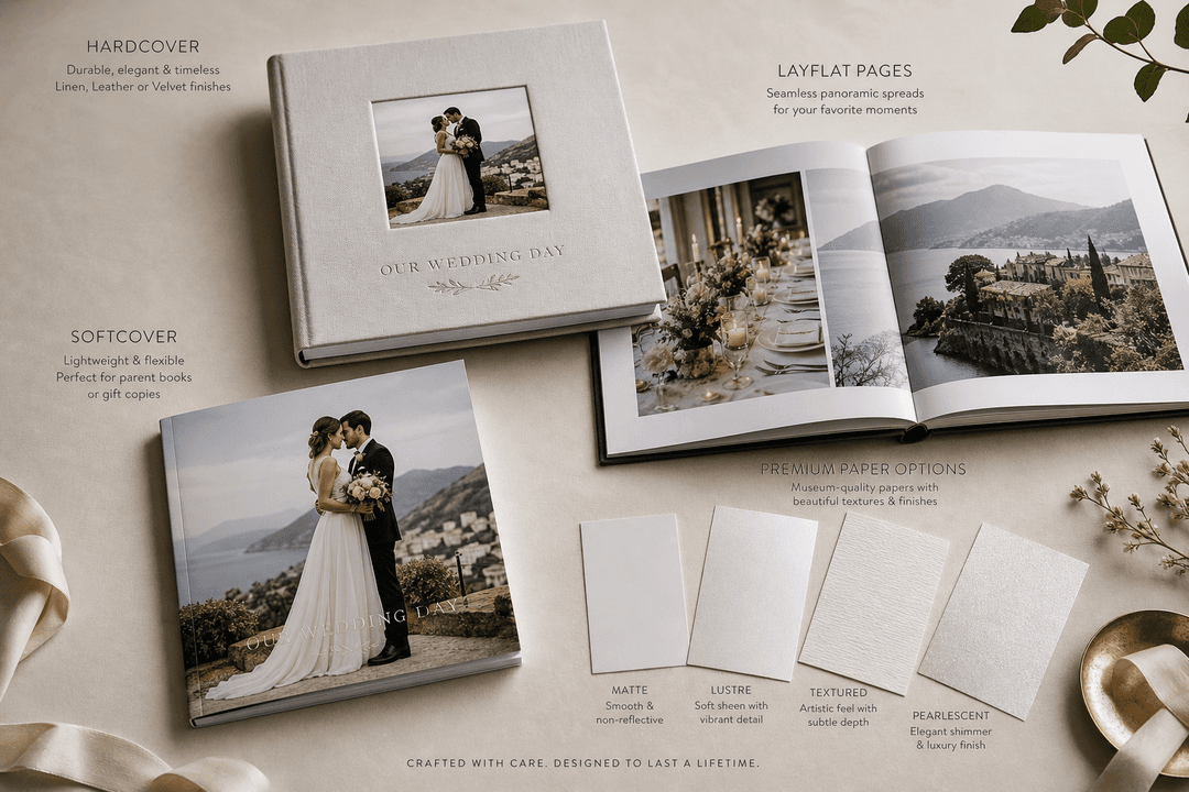 Premium wedding album materials including hardcover, softcover and layflat options