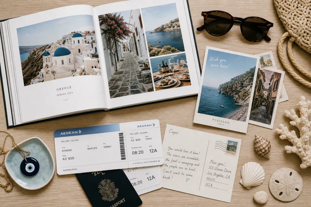 A stylish flat lay of printed travel keepsakes with a photo book boarding passes postcards and beach souvenirs