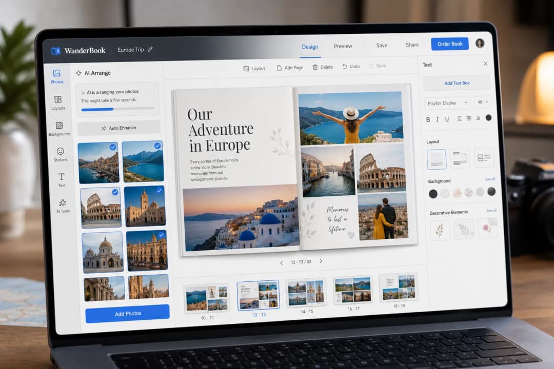 A modern AI-powered photo book editor on a laptop arranging travel photos automatically