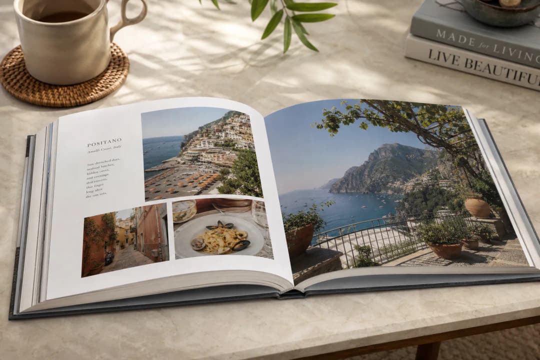 A cozy premium travel photo book open on a coffee table showing bright vacation memories