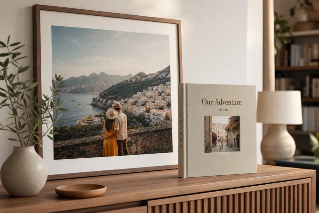 High-quality wall art and travel photo book displayed together in a modern home interior