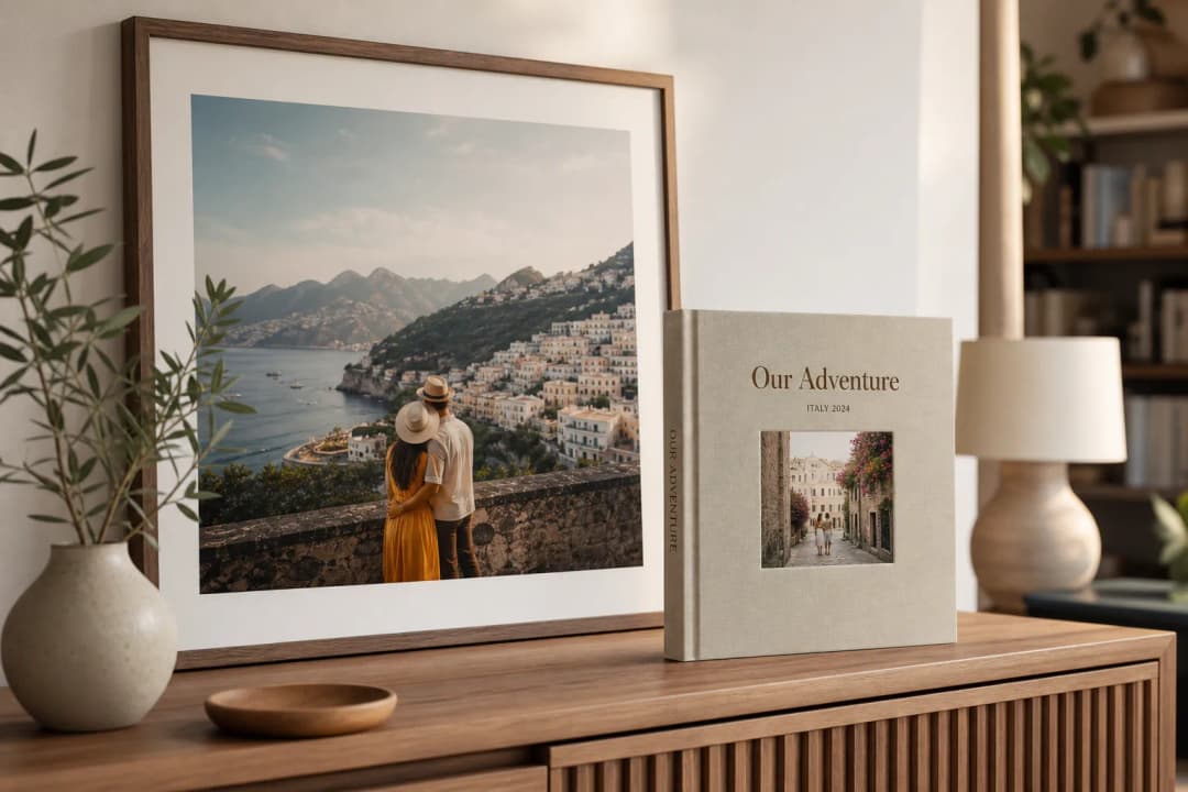 High-quality wall art and travel photo book displayed together in a modern home interior