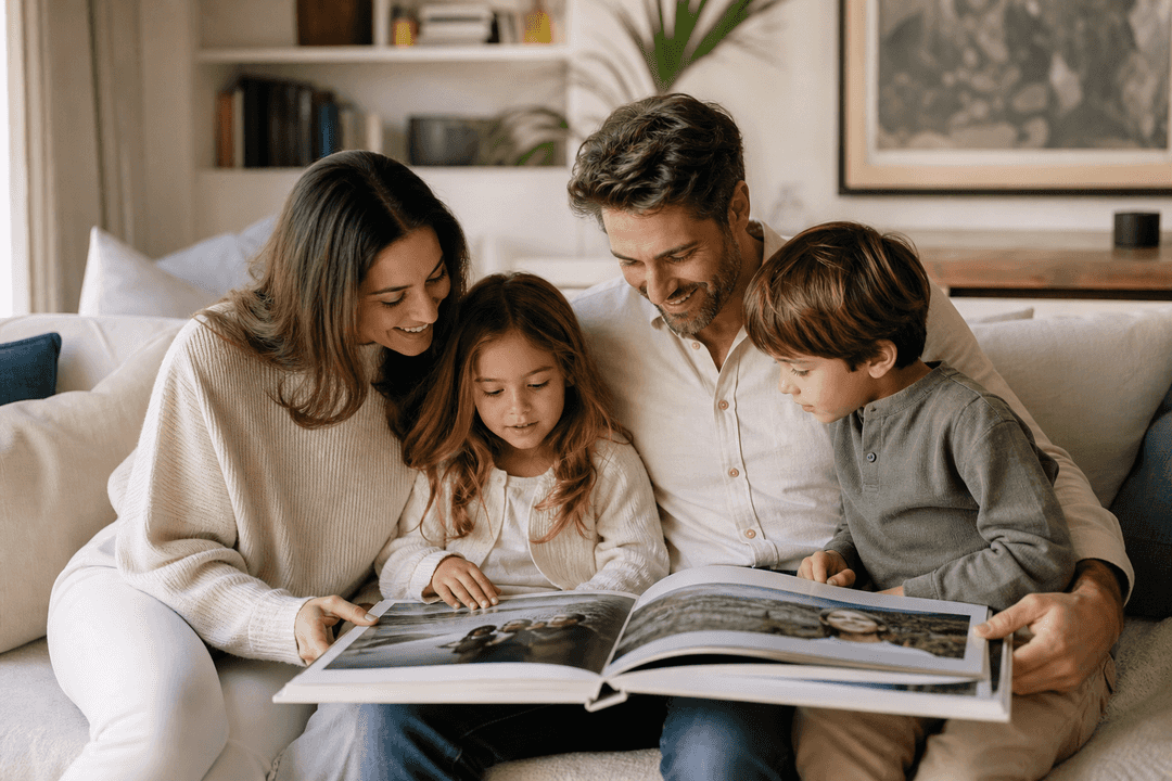 Family enjoying a photo album together on a sofa