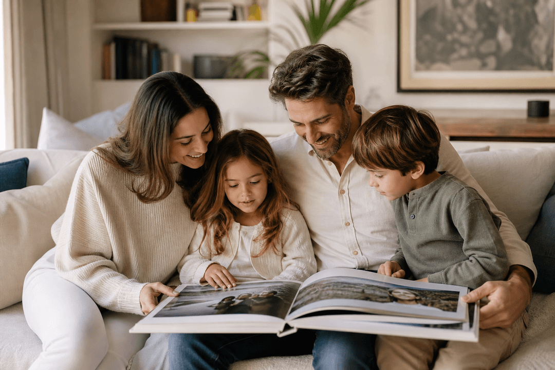 Family enjoying a photo album together on a sofa
