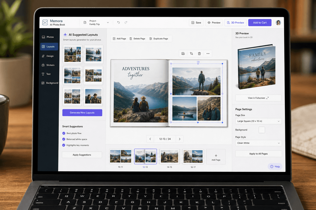 AI-powered photo book editor on a laptop screen