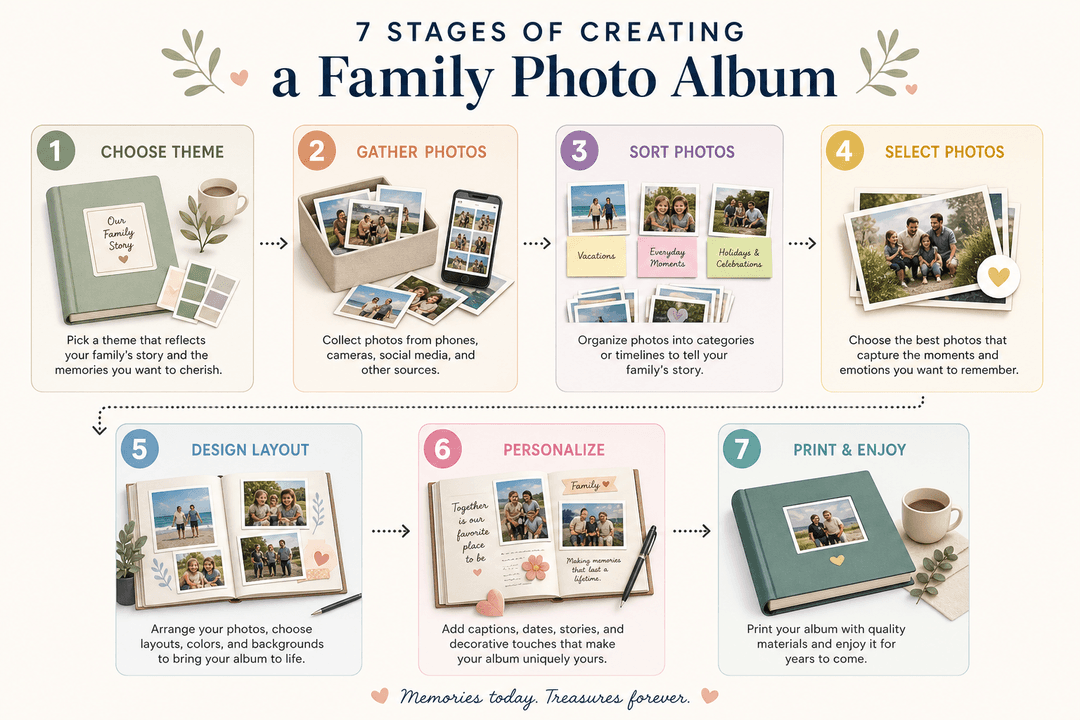 Step-by-step infographic for making a family photo album
