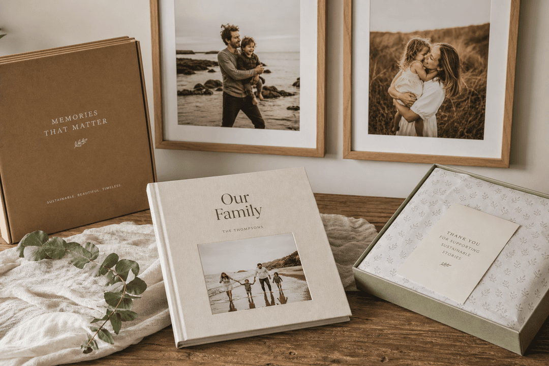 Premium hardcover family photo book with eco-friendly packaging