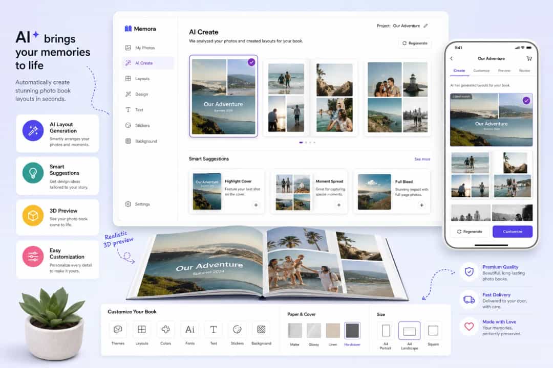 KI-generierte Fotoalbum-Layouts mit intelligenten Vorschlägen und 3D-Vorschau auf Desktop und Mobile