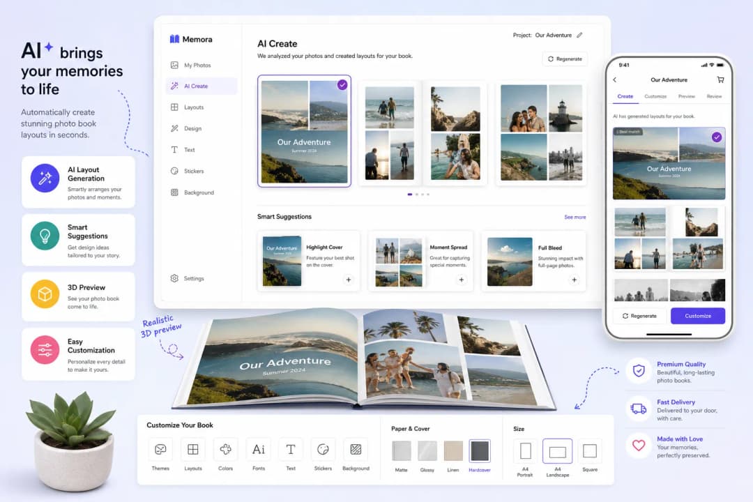AI-generated photo book layouts with smart suggestions and 3D preview on desktop and mobile