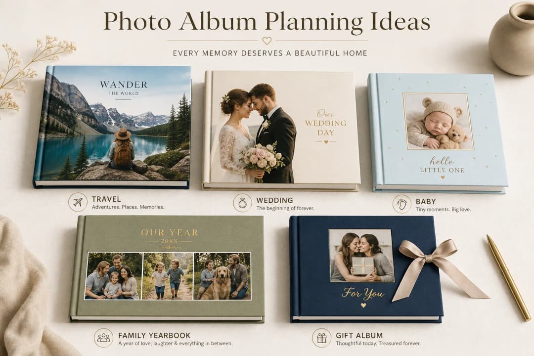 Comparison of photo album ideas including travel wedding baby family and gift albums