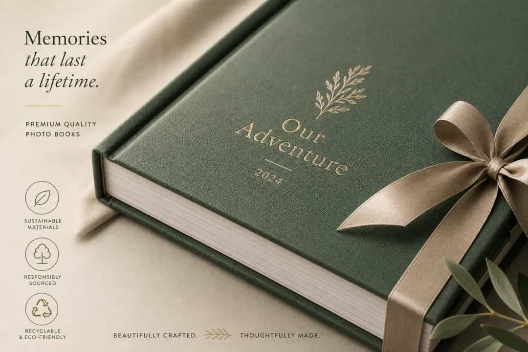 Premium-Hardcover-Fotobuch nahaufnahme mit strukturiertem Cover, dicken Seiten und nachhaltigen Designdetails