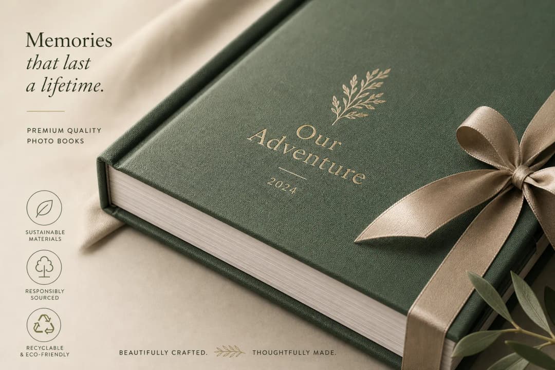 Premium hardcover photo book close-up with textured cover thick pages and sustainable design details