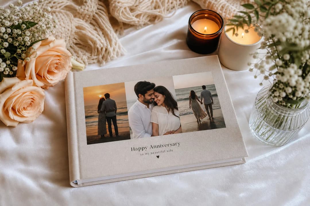 Romantic anniversary photo book gift with couple memories