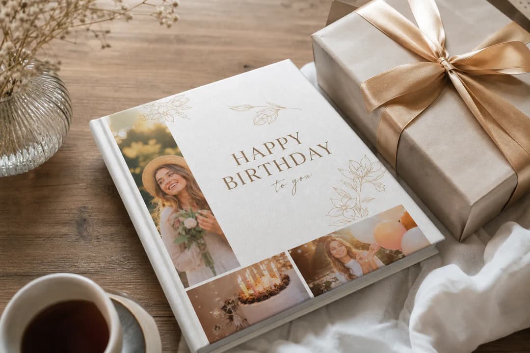 Birthday photo album gift on a cozy table